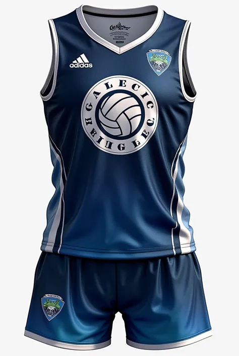 Model of a sleeveless volleyball shirt with shorts showing front and back, a shield with a volleyball with the words galactic written on it and 5 sponsors and space colors 