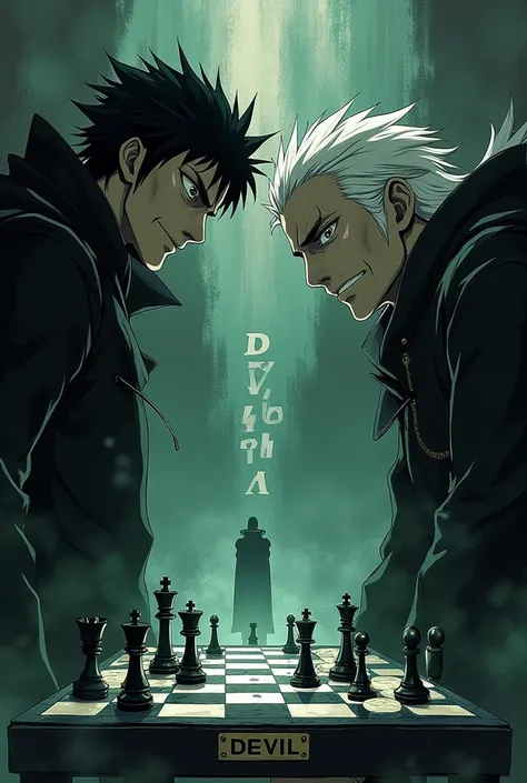 A wallpaper for phone in which aizen and urahara playing chess and in background a text written called DEVIL WITH BLACK AND WHITE AND GREEN MIXED DARK BACKGROUND URAHARA SHOULD HAVE DARKNED HIS EYES WITH ASMALL SMIKE AND AIZEN WITH A SMALL. SMILE 