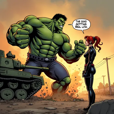 Hulk smashing an Armored Tank with his bare hands, while black widow is standing calmly , a talking bubble to her right which says "The sun’s getting real low"
