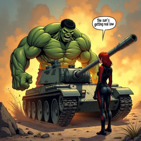 Hulk smashing an Armored Tank with his bare hands, while black widow is standing calmly , a talking bubble to her right which says "The sun’s getting real low"
