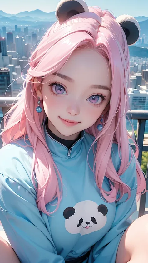 One girl, (High resolution, masterpiece, accurate, Anatomically correct), ((Body sideways、Twisting her body so her face is facing the camera、A little smile))、(Light blue and pink two-tone hair、Pink eyes)、(Cosplaying as a panda)((View overlooking the city f...