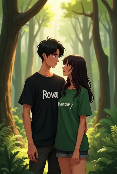 Une  couple avec un mot Rova sur le tee-shirt noir de garçon et un mot Mampitony sur le tee-shirt vert du fille
Ils sont dans la forêt 