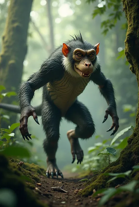 A monkey mixed with an alligator in the forest