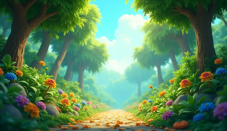 In cinematic 3D cartoon style. Jungle Setting:Description: A vibrant, lush jungle with dense foliage, tall trees, and a clear, bright sky. Include elements like colorful flowers and scattered fallen leaves to set the scene.