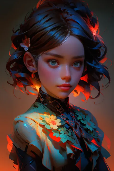 Charlie Bowater realistic Lithography sketch portrait of a woman, flowers, [gears], pipes, dieselpunk, multi-colored ribbons, neon details, old  texture, highly detailed