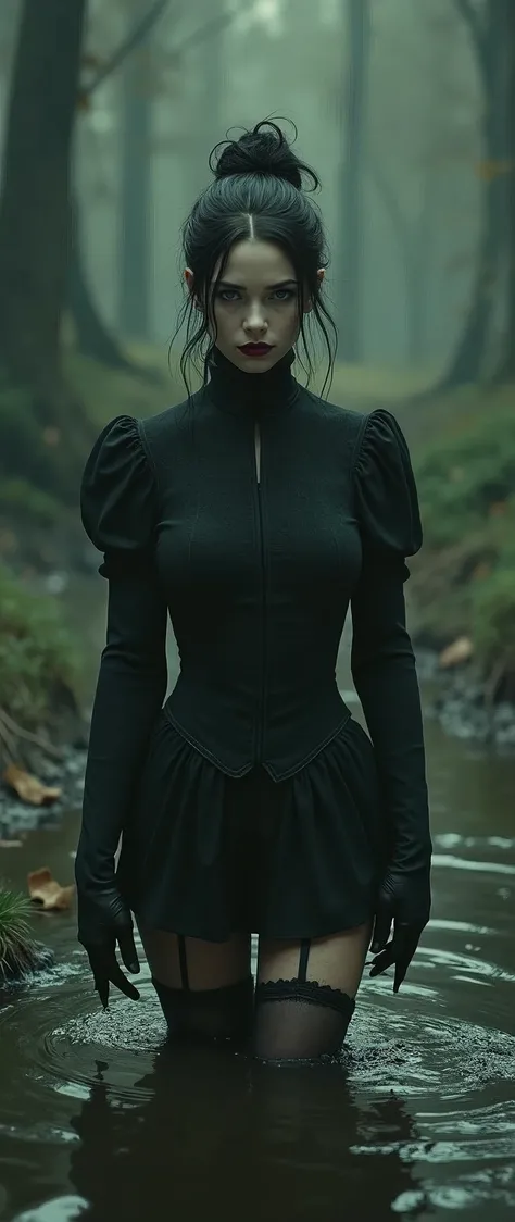  drama, stuck in bog,high-neck style, closed Puritan dress, short mini-dress, hips, high-neck dress, aristocratic hairstyle, stockings with garters, red lips, goth, aristocratic behaviour