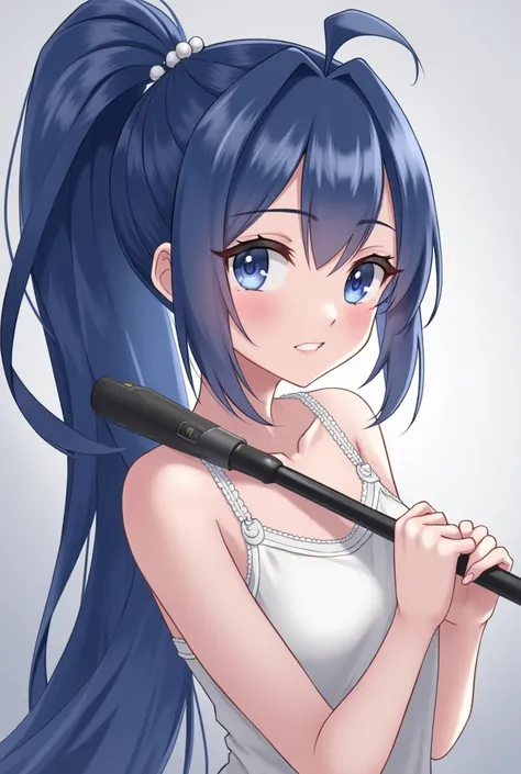 ((Highest quality)), ((masterpiece)), (detailed), One girl,long hair,bluehair,navy eyes,beauty,ponytail,Slanted Eyes、Bad look in the eyes,アニメ,game cg,shiny skin,huge breasts,large breasts,loli,child,　very long hair、Tank top,blouse,,evil smile,Have staff
