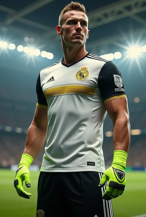 Football uniform similar to that of the German national team with white colors, blackw , gold details fluorescent green 