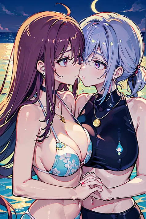 (high detail, high quality, best picture quality, masterpiece)　from above　at a long distance　in a rule of thirds composition　Two cute Girls　((Night sea))　((dark scenery))　((moon))　moonlit sea　(Backlight)　((The girl on the right is short and has a medium bu...