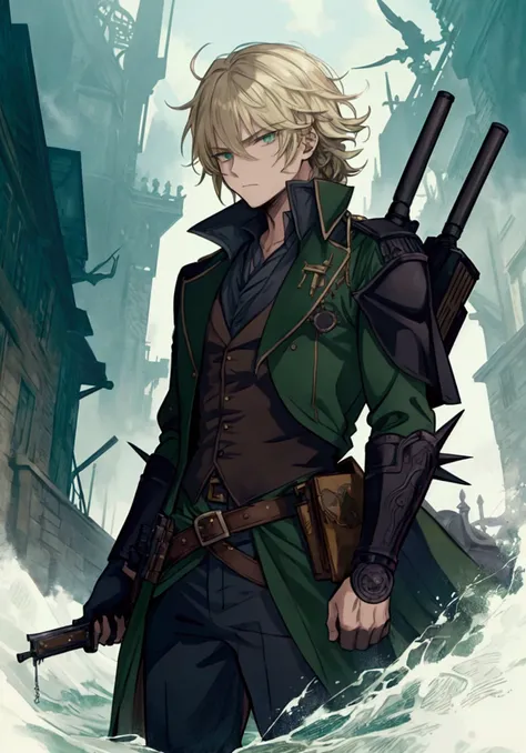 (Masterpiece), ((Highest Quality)),(Official Art),dark epic:1.2),(1 solo anime man: 1.3). A badass gunslinger man with spiky wild hair (blonde), green eyes, and scarred face. He is clad in a military uniform, aiming a flintlock in the shadows of a steampun...