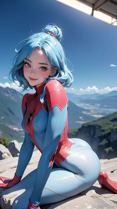 One girl, (High resolution, masterpiece, accurate, Anatomically correct), ((The body is facing sideways、Beautiful buttocks、A little smile))、(Two-tone light blue and gold hair、Pink eyes)、(Spiderman cosplay in full body tights)((Blurred view from the top of ...