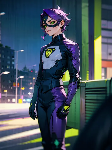 1male, purple visor, green eyes, robot mask, purple speed suit, tied to waist, standing on path, road, modern city