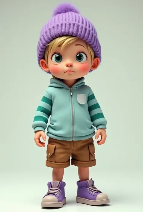  a child man with short blond hair, wearing a light blue shirt with long green striped sleeves and brown shorts and purple shoes along with a purple cold weather cap, which has a huge penis and a naughty face.