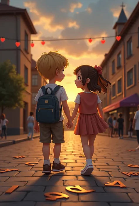 Create an image with a boy and a girl going, both blond. And a girl with brown hair coming in the opposite direction to the couple and she and the boy will be looking at each other romantically.
The scene is a square at dusk, with letters scattered on the ...