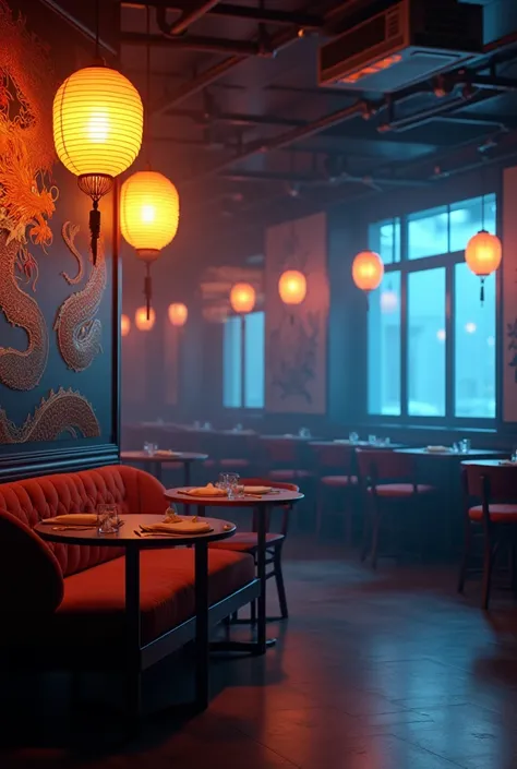 In a chinese restaurant some yellow lights come to the sofa and soft blue light is also coming at the window there is some blue light reflecting off the wall also dragon art there is a couch in front of the bar and there are 8 tables.