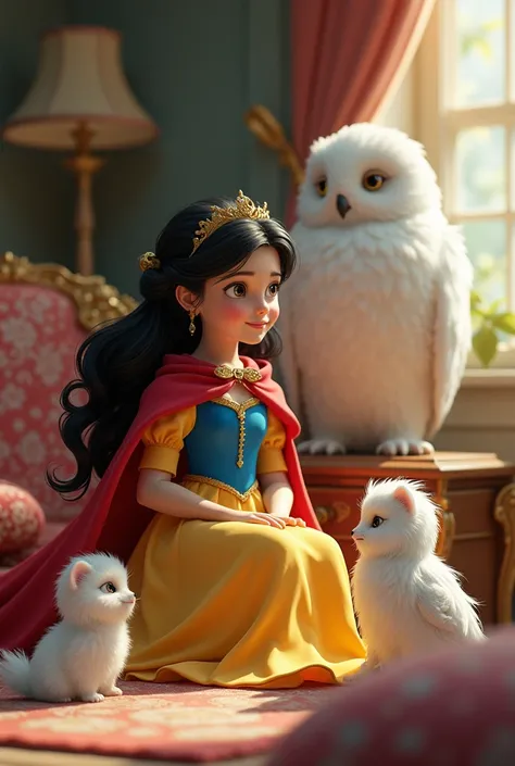 A 10 year old princess, with black hair and white skin, wears a bow in her hair and is dressed with a blue bodice and yellow skirt, with a red cape. He is in his room talking to a little white people and a snowy owl. 