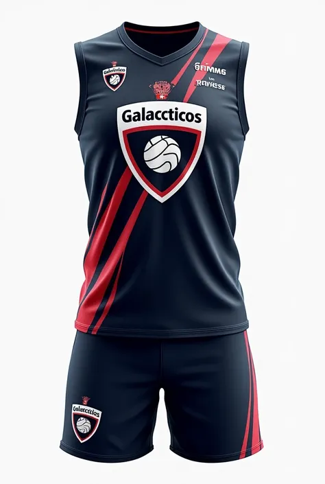 Model of a sleeveless volleyball shirt for playing with shorts showing front and back, a shield with a volleyball written galacticos and 5 sponsors and dark colors