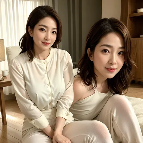 The image depicts a scene featuring a Japanese woman around 50 years old, with semi-long light  brown hair and a chubby yet well-proportioned figure. She is seated on a bed, wearing luxurious white underwear paired with thin white pants. The focus is on he...