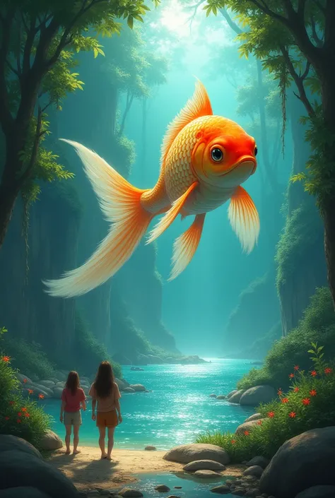 Following the trail, Pedro and Laura arrived at a sparkling river, guarded by a goldfish hybrid, surrounded by a giant bubble of water The fish challenged them to a riddle to cross the river. 
