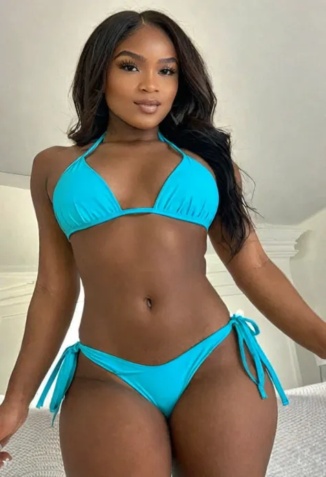 ((high quality:1.2)), (8k), extremely detailed, ((High detail:1.2)), ((best resolution:1.4)), Solo, 24 year old Angolan female, (bikini),