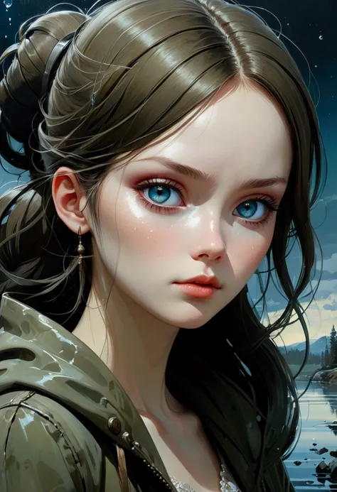 Siberia,Strange,make up,Heterochromia,Intricate details,elegant,8K resolution,Realistic rendering,(Ashley Wood Style:1.2),(Nick Vicesi Style:0.6), Chemiluminescence,1 girl,landscape, water, (Extremely detailed CG unity 8k wallpaper), The most beautiful wor...