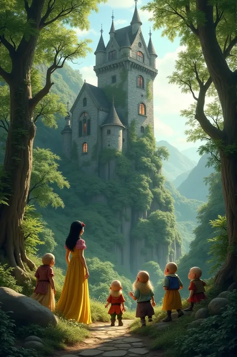 Create an image of Snow White and the seven dwarfs finding Rapunzel&#39;s tower