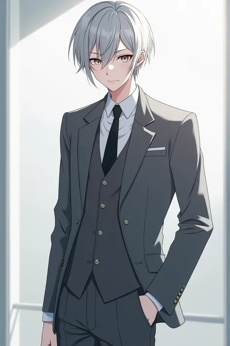 A anime boy he is wearing suit grey hair white skin 