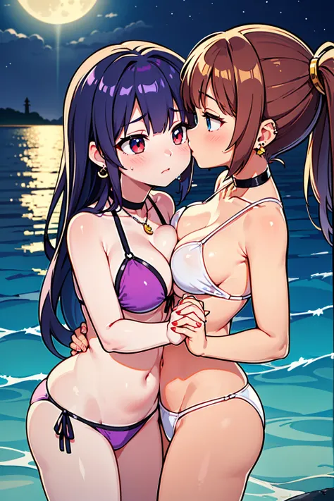 (high detail, high quality, best picture quality, masterpiece)　from above　at a long distance　in a rule of thirds composition　Two cute Girls　((Night sea))　((dark scenery))　((moon))　moonlit sea　(Backlight)　((The girl on the right is short and has a medium bu...