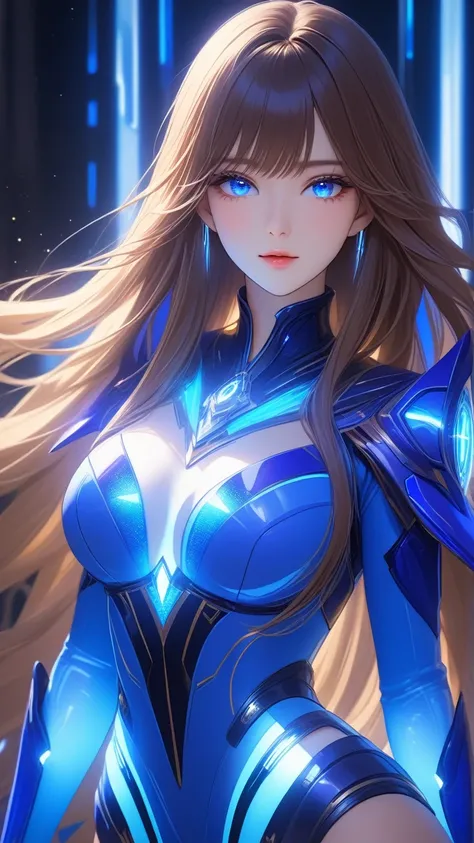 8K, Ultra HD, Masterpiece, 1 girl, exquisite face:1.5), very long hair, strait hair, detailed eyes, ultimate details, wearing transparent science fiction clothes, blue clothes, (glowing clothes:1.4), amazing magnificence, LED Internal lighting, glowing iri...