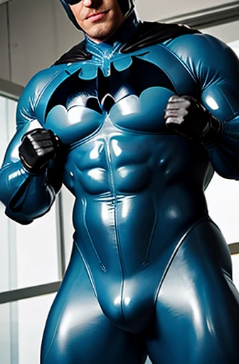 thick swollen muscular big batman bodybuilder in light blue and gray shiny latex full body suit, growth bump up chest. big buff packed create a Batman close up to tight latex pants bulge, wide chest, huge batman, huge muscles, very packed, buff chest, abs,...