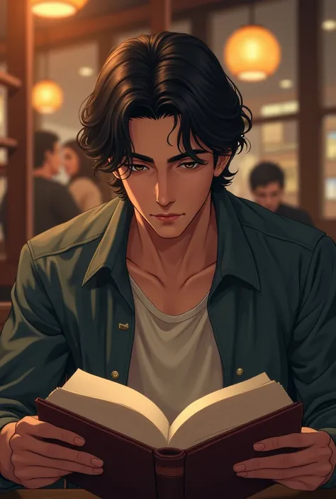 A 24 year old male with silky hair  reading book in restaurant  

