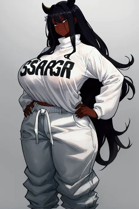 cow girl, long oversized white sweater, dark skin, curvy, baggy pants