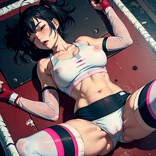 a beautiful bloody  japanese high school girl fighter is knoced out in the octagon fighting ring, she is beated down, She sits slumped against the octagons fence, whole body picture, she lose. she is covered in scars and bruises, she is damaged terribry, S...