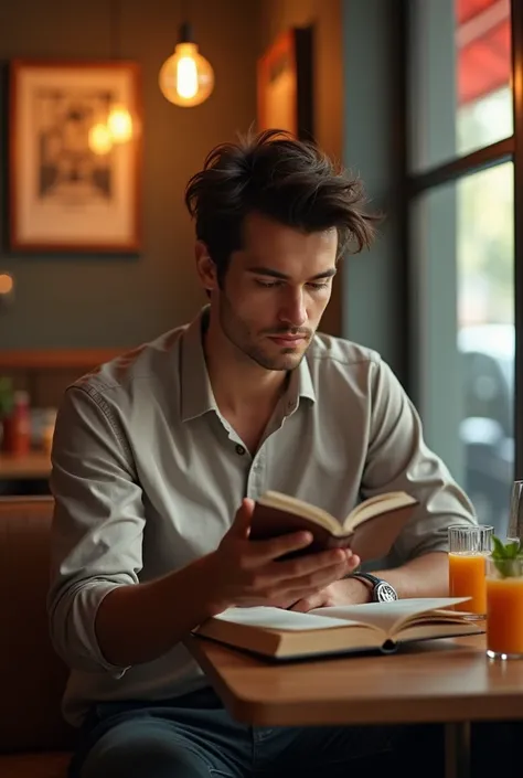 A 24 year old male with sexey hair  reading book in restaurant  drinking juice 


