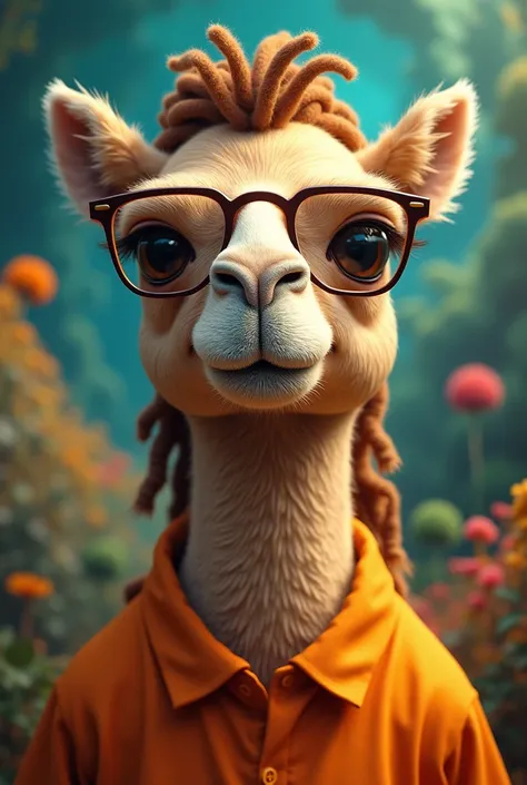 Create image of gay camel with glasses, orange shirt with collar and dreadlocks