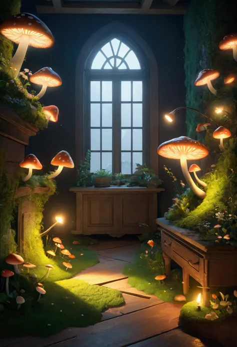 masterpiece, best quality, (Extremely detailed CG unity 8k wallpaper), (best quality), (Best Illustration), (Best shadow), Mossy mushroom house，firefly，Lights surround the room，petal, Isometric 3D, Octane Rendering,Ray Tracing,Extremely detailed,