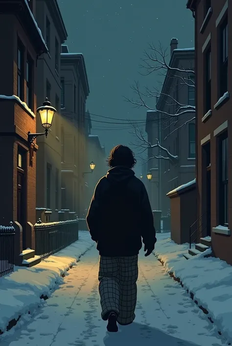 A guy with black, tousled hair down to his chin, walks along a snowy alley between houses, at night in the small light of the lanterns on the poles, dressed in wide checkered pants and a large black sweater