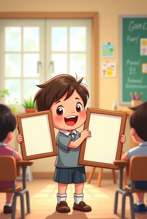 Create a cartoon image, where a child student presents 2 blank frames, on your left and right, behind her