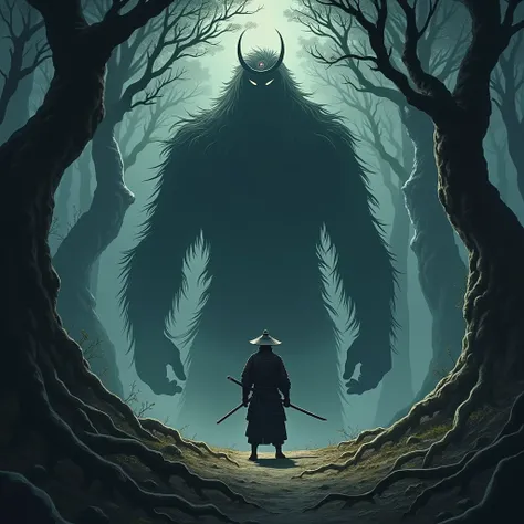 A samurai encountering a shirime in the spooky forest