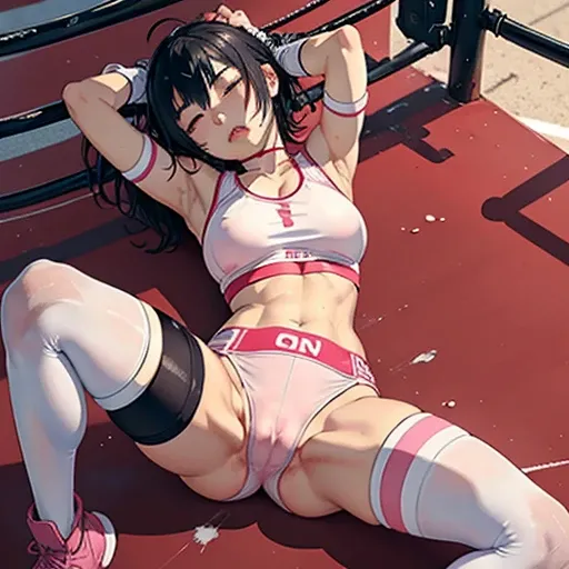 a beautiful bloody  japanese high school girl fighter is knoced out in the octagon fighting ring, she is beated down, She sits slumped against the octagons fence, whole body picture, she lose. she is covered in scars and bruises, she is damaged terribry, S...