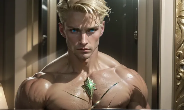 [((highly detailed, detailed eyes, detailed face, clear and realistic facial features, photorealistic, realistic light, cinematic)), (1 man), Gorgeous and sexy and powerful masculine male angel with large wings, ((short blond hair, green eyes)), (((aura of...