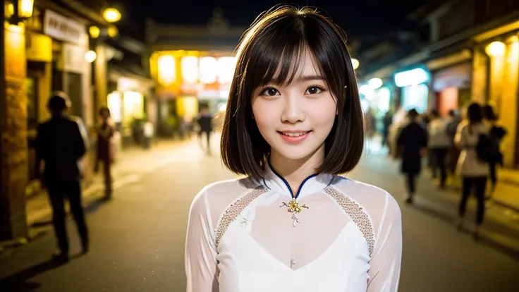 (nice lady, 18 years old, vietnamese traditional costume white ao dai, posing on the streets of hoi an old town,full shot,model ...