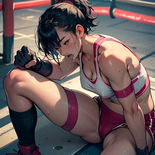 a beautiful bloody  japanese high school girl fighter is knoced out in the octagon fighting ring, she is beated down, She sits slumped against the octagons fence, whole body picture, she lose. she is covered in scars and bruises, she is damaged terribry, S...