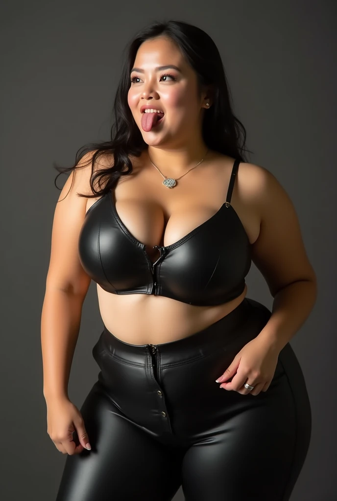 A chubby asian girl wearing skin tight leather pants licking her lips