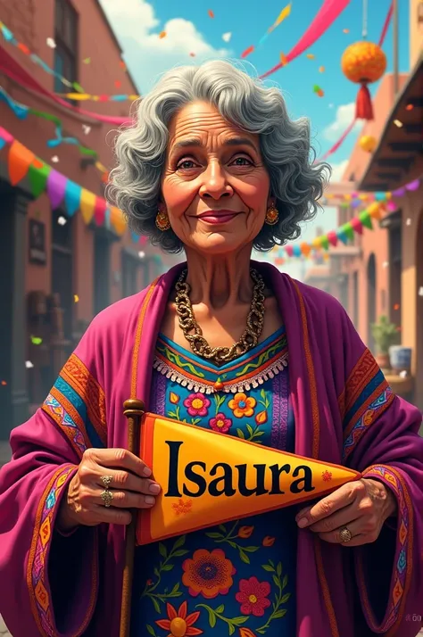 Doll with curly hair, short and graying, with very colorful and Mexican-style clothing, holding a pennant with the name Isaura on a colorful Mexican background with confetti and colored ribbons