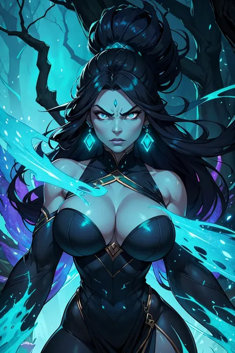 Maokai if he were a woman in life, tree, dark islands, mist, beautiful garment, wooden ornament, blue aura, nature spirit, consumed by anger, embodies vengeance, wicked, angry face, sparkling turquoise eyes, black outfit with turquoise sparkles.