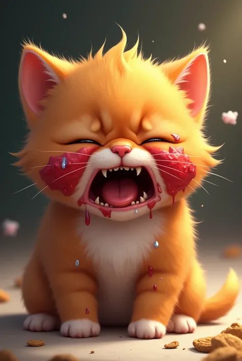 The orange fat kitten’s face is visibly swollen, especially around the cheeks, with red marks where the bee stung. Tears stream down her face as she cries from the pain, her expression one of distress and helplessness.