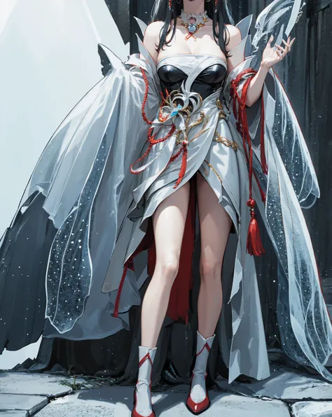 Girl with long white hair down to her waist, with small red details, red eyes, long black dress with a leg slit, with red details, long black boots up to below the knees, white skin, the ground around her is cracking and small stones are floating around he...