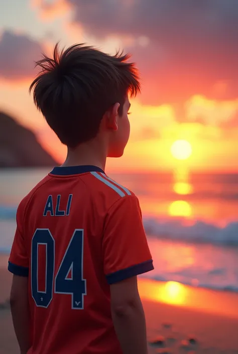 Draw a boy  viewing sunset in beach , with jersey name "Ali" and  jersey number "04"