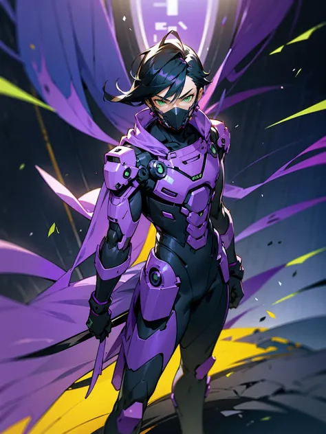 1male, hawaiian hair, black hair, purple visor, green eyes, robot mask, purple speed suit, tied to waist, standing on path, road, modern city, purple cloak